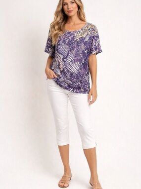 Cache Purple Printed Short Sleeve Top with Gold Accents